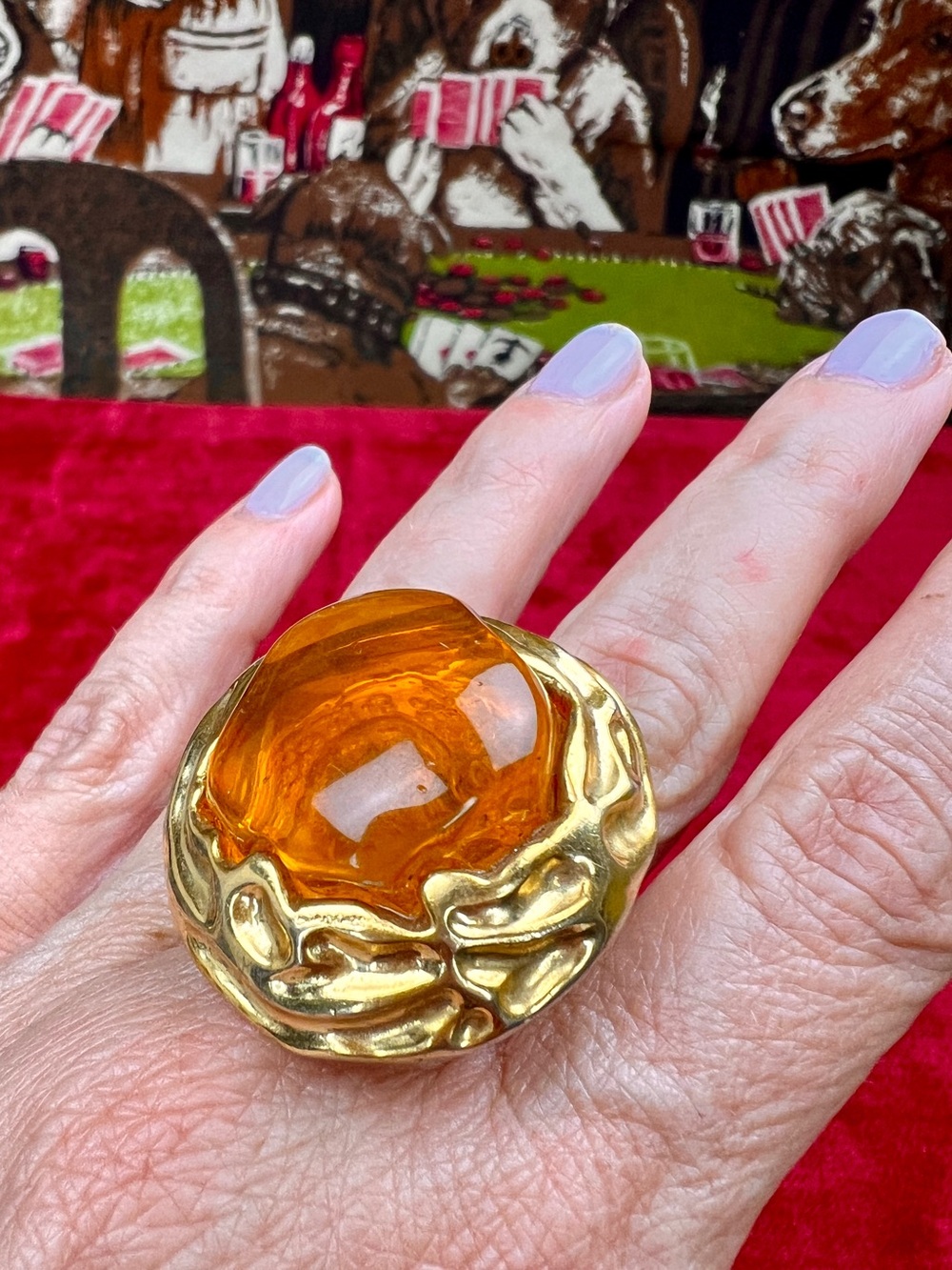 Vintage Remix Ring, Artisan Gold-Tone Amber Glass Fall Statement Jewelry - Picture 2 of 5